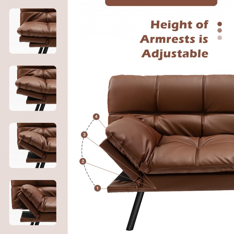Adjustable armrest detail of the brown convertible memory foam futon sofa bed for versatile comfort and style.